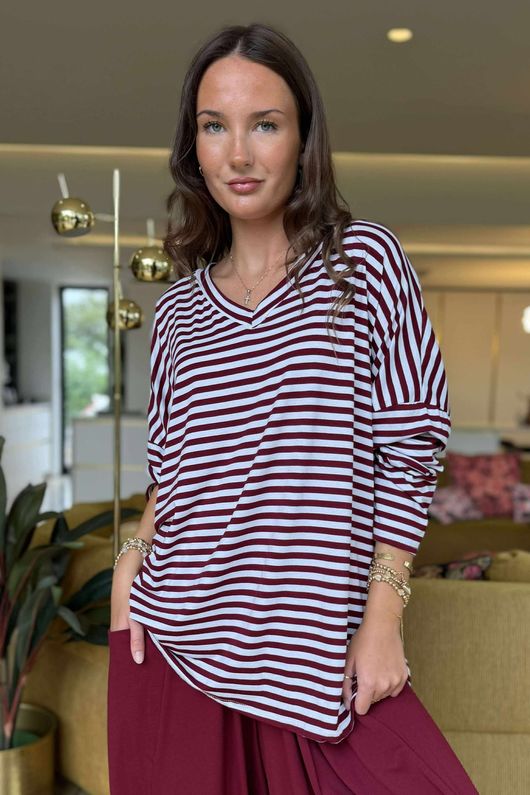  Perfect Breton V Long Sleeve Top Burgundy /7=